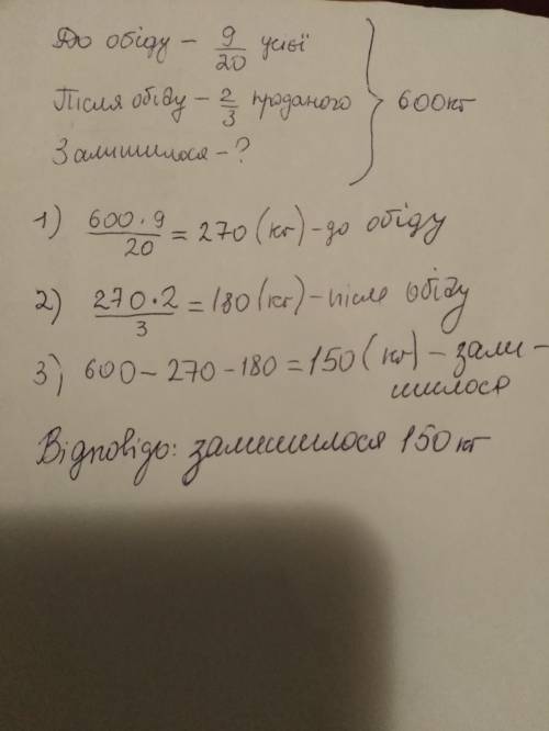 У магазин завезли 600 кг картоплі. До обіду продали 9/20 усієї картоплі,а після обіду 2/3 уже продан