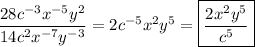 \dfrac{28c^{-3}x^{-5}y^2}{14c^2x^{-7}y^{-3}} = 2c^{-5}x^2y^5 = \boxed{\dfrac{2x^2y^5}{c^{5}}}