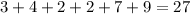 3 + 4 + 2 + 2 + 7 + 9 = 27