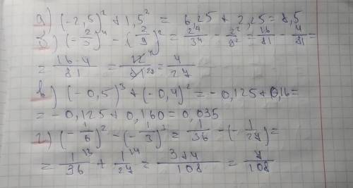 А) (-2,5)^2+1,5^2 б) (-2/3)^4-(2/9)^2 в) (-0,5)^3+(-0,4)^2 г) (-1/6)^2-(-1/3)^3