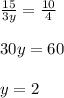 \frac{15}{3y} = \frac{10}{4} \\\\30y = 60\\\\y = 2