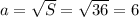 a = \sqrt{S} = \sqrt{36} = 6