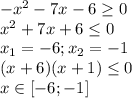 -x^2-7x-6\geq 0\\x^2+7x+6\leq 0\\x_1=-6;x_2=-1\\(x+6)(x+1)\leq 0\\x\in[-6;-1]