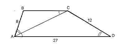 Бічні сторони трапеції дорівнюють 8 см і 12 см, а більша основа 27 см. Знайдіть довжину меншої основ