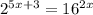 2^{5x+3} = 16^{2x}\\