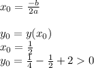 x_0 = \frac{-b}{2a}\\\\y_0=y(x_0)\\x_0 = \frac{1}{2}\\y_0 = \frac{1}{4}-\frac{1}{2} + 2 0\\