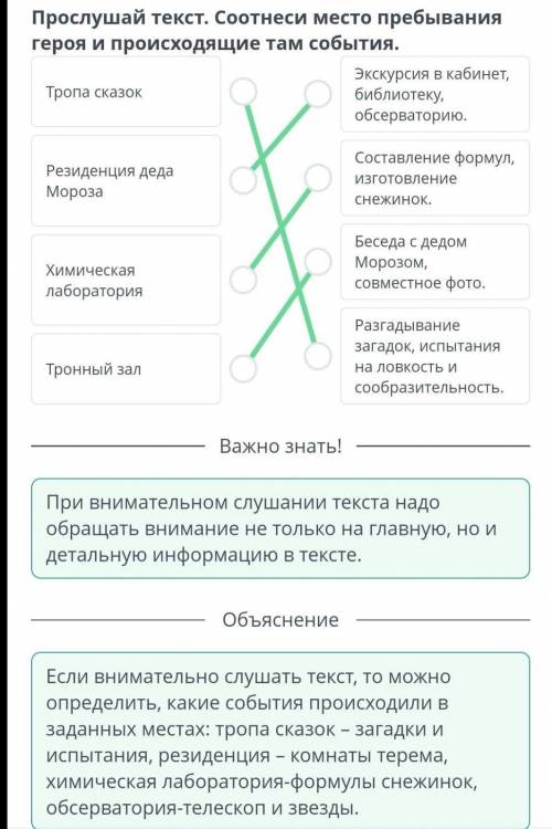 Послушай текст соотнеси место пребывания героя и происходящие там события​