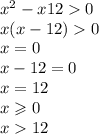 x {}^{2} - x12 0 \\ x(x - 12) 0 \\ x = 0 \\ x - 12 = 0 \\ x = 12 \\ x \geqslant 0 \\ x 12