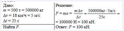 Поезд массой 700 т, трогаясь с места, через 30 с набрал скорость 18 км/ч. Определите силу тяги