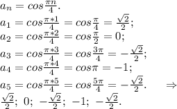 a_n=cos\frac{\pi n}{4} .\\a_1=cos\frac{\pi *1}{4}=cos\frac{\pi }{4}=\frac{\sqrt{2} }{2};\\a_2=cos\frac{\pi *2}{4}=cos\frac{\pi }{2} =0;\\a_3=cos\frac{\pi *3}{4} =cos\frac{3\pi }{4}=-\frac{\sqrt{2} }{2};\\a_4=cos\frac{\pi *4}{4}=cos\pi =-1;\\a_5=cos\frac{\pi *5}{4} =cos\frac{5\pi }{4} =-\frac{\sqrt{2} }{2}. \ \ \ \ \Rightarrow\\\frac{\sqrt{2} }{2} ;\ 0;\ -\frac{\sqrt{2} }{2} ;\ -1;\ - \frac{\sqrt{2} }{2} .