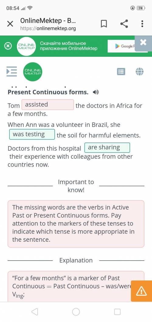 Read the statements and click an appropriate verb option. Active Past or Present Continuous forms. T