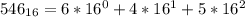 546_{16} = 6 * 16^{0} + 4 * 16^{1} + 5 * 16^{2}