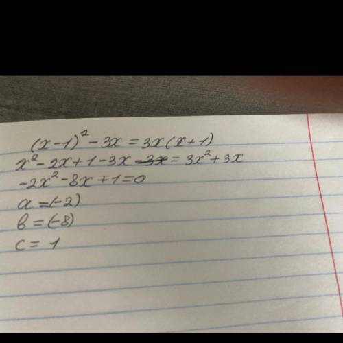 Преобразуйте уравнение (x-1)^2-3x=3x(x+1) к виду ax^2+bx+c=0 и укажите старший коэффициент, второй к