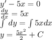 y ' - 5x = 0 \\ \frac{dy}{dx} = 5x \\ \int\limits \: dy = \int\limits5xdx \\ y = \frac{5 {x}^{2} }{2} + C