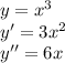 y = {x}^{3} \\ y '= 3 {x}^{2} \\ y'' = 6x