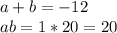 a+b= -12 \\ab = 1*20= 20\\