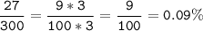 \displaystyle \tt \frac{27}{300} =\frac{9*3}{100*3}=\frac{9}{100} =0.09\%