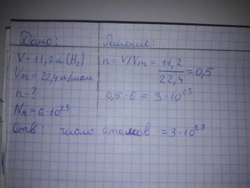 Сколько атомов содержится в 11,2 литрах водорода.​