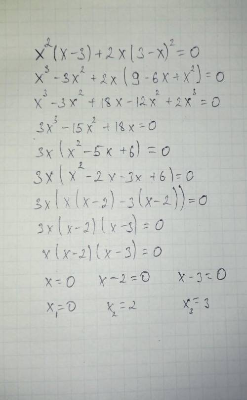 Решите уравнение: x²(x-3)+2x(3-x)²=0