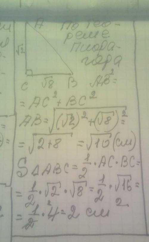 Катеты прямоугольного треугольника равны √2 см. и √8 см. Найдите гипотинузу и площадь треугольника.