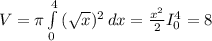 V = \pi \int\limits^4_0 {(\sqrt{x} )^2} \, dx =\frac{x^2}{2} I_0^4 = 8