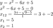 y = {x}^{2} - 6x + 5 \\ {x}^{2} -6 x + 5 = 0 \\ x_{12} = \frac{3 + - \sqrt{9 - 5} }{1} = 3 + - 2 \\ x_{1} = 5 \\ x_{2} = 1