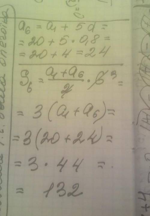 В арифметической прогрессии А1=20 и разность d=0,8.Найти:а)a6 и S6​