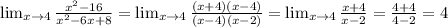 \lim_{x \to 4} \frac{x^2-16}{x^2-6x+8} = \lim_{x \to 4} \frac{(x+4)(x-4)}{(x-4)(x-2)} = \lim_{x \to 4} \frac{x+4}{x-2} =\frac{4+4}{4-2} =4