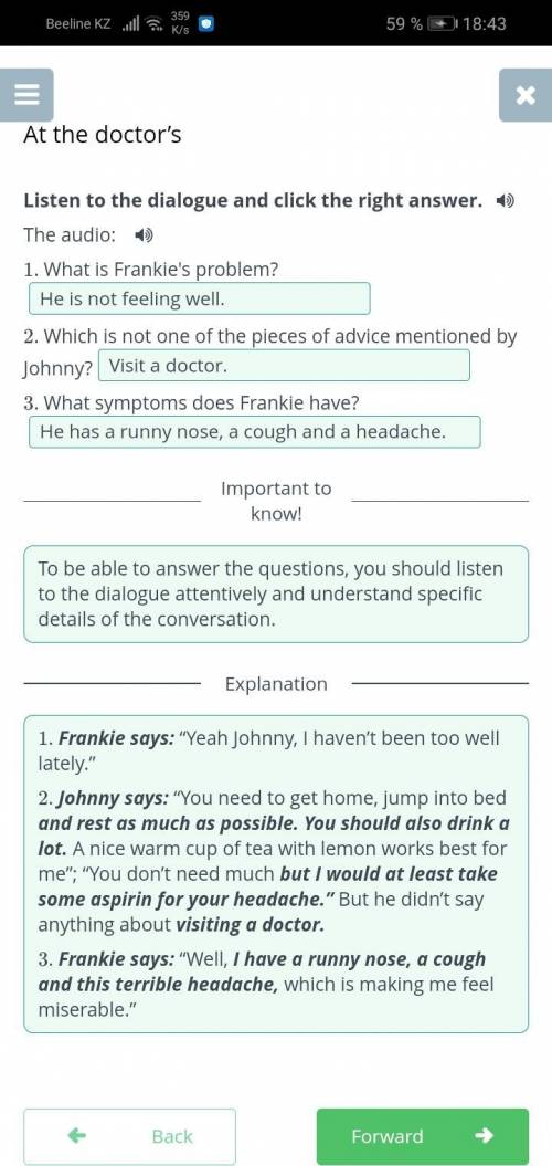 Listen to the dialogue and click the right answer. -1) The audio:1. What is Frankie's problem?2. Whi