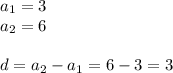 a_{1} = 3\\a_{2} = 6\\\\d=a_{2}-a_{1}=6-3=3