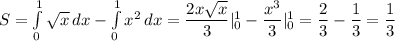 S=\int\limits^1_0 {\sqrt{x}} \, dx -\int\limits^1_0 {x^2} \, dx =\dfrac{2x\sqrt{x}}{3}|^1_0-\dfrac{x^3}{3}|^1_0=\dfrac{2}{3}-\dfrac{1}{3}=\dfrac{1}{3}