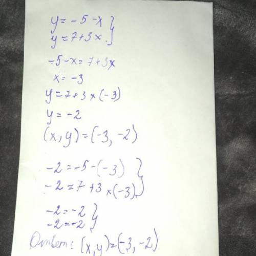 Y=-5-xy=7+3x Решить систему с метода подстановки:​​