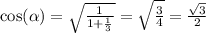 \cos( \alpha ) = \sqrt{ \frac{1}{1 + \frac{1}{3} } } = \sqrt{ \frac{3}{4} } = \frac{ \sqrt{3} }{2} \\