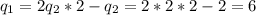 q_{1} = 2q_{2} * 2 - q_{2} = 2 * 2 * 2 - 2 = 6