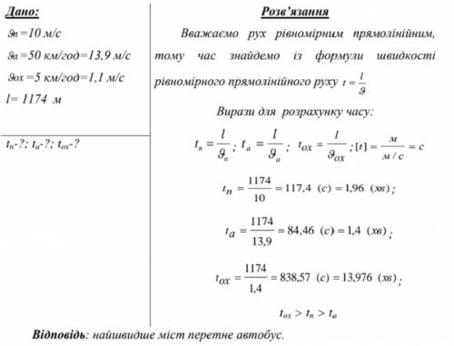 Хто швидше перетне міст: поїзд, швидкість руху якого 10 м/с, автобус, швидкість якого 50 км/год чи о