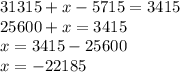 31315+x-5715=3415\\25600+x=3415\\x=3415-25600\\x=-22185