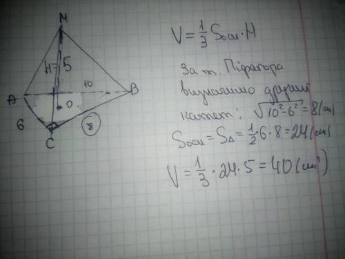 в основі піраміди лежить прямокутний трикутник з катетом 6 см і гіпотенузою 10 см висота піраміди 5