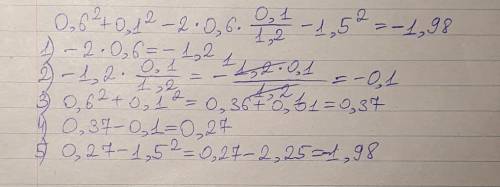 Найдите значение выражения: 0,6^2+0,1^2-2·0,6·0,1/1,2-1,5^2​