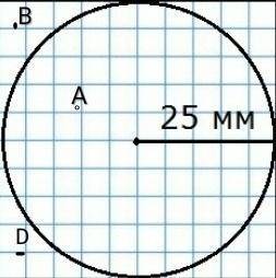 6. Начертите круг радиусом 2 cm 5 mm. Отметьтевнутри круга точку А и вне круга точки Ви D.​