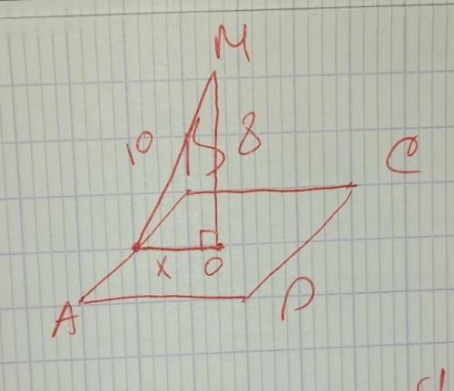 Из центра О квадрата ABCD проведены перпендикуляр MO, MO = 8 см. Расстояние от точки М до прямой АВ