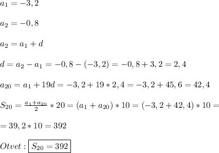 a_{1}=-3,2\\\\a_{2}=-0,8\\\\a_{2}=a_{1}+d\\\\d=a_{2}-a_{1}=-0,8-(-3,2)=-0,8+3,2=2,4\\\\a_{20}=a_{1}+19d=-3,2+19*2,4=-3,2+45,6=42,4\\\\S_{20}=\frac{a_{1}+a_{20}}{2}*20=(a_{1}+a_{20})*10=(-3,2+42,4)*10=\\\\=39,2*10=392\\\\Otvet:\boxed{S_{20}=392}