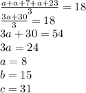 \frac{a+a+7+a+23}{3}=18\\\frac{3a+30}{3}=18\\3a+30=54\\3a=24\\a=8\\b=15\\c=31