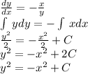 \frac{dy}{dx} = - \frac{x}{y} \\ \int\limits \: ydy = - \int\limits \: xdx \\ \frac{ {y}^{2} }{2} = - \frac{ {x}^{2} }{2} + C \\ {y}^{2} = - {x}^{2} + 2C \\ {y}^{2} = - {x}^{2} + C