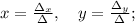 x=\frac{\Delta_{x}}{\Delta}, \quad y=\frac{\Delta_{y}}{\Delta};