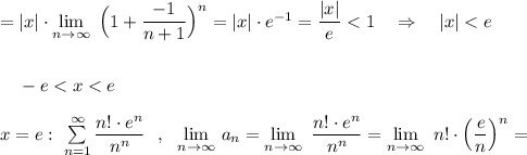 =|x|\cdot \lim\limits_{n \to \infty}\ \Big(1+\dfrac{-1}{n+1}\Big)^{n}=|x|\cdot e^{-1}=\dfrac{|x|}{e}