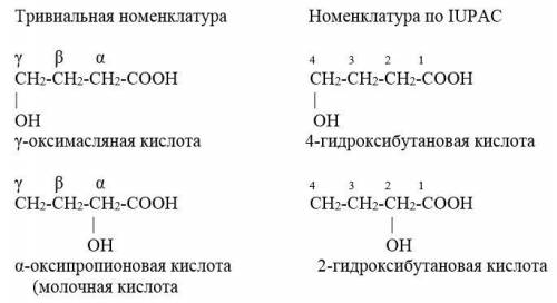 Указать номера и нозвать их по IUPAC y-гидрокси масляная и молочную кислоту