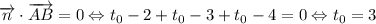 \overrightarrow {n}\cdot\overrightarrow {AB}=0\Leftrightarrow t_0-2+t_0-3+t_0-4=0\Leftrightarrow t_0=3