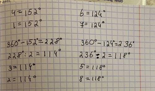 Известно, что∢4=152°,∢6=124°. Вычисли остальные углы.