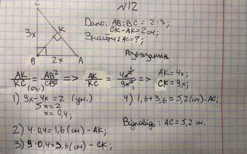Знайти довжину гіпотенузи, якщо катети відносятьсяяк 2:3 і проекція одного катета на гіпотенузу на 2