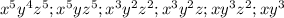 x^5y^4z^5; x^5yz^5; x^3y^2z^2; x^3y^2z; xy^3z^2; xy^3